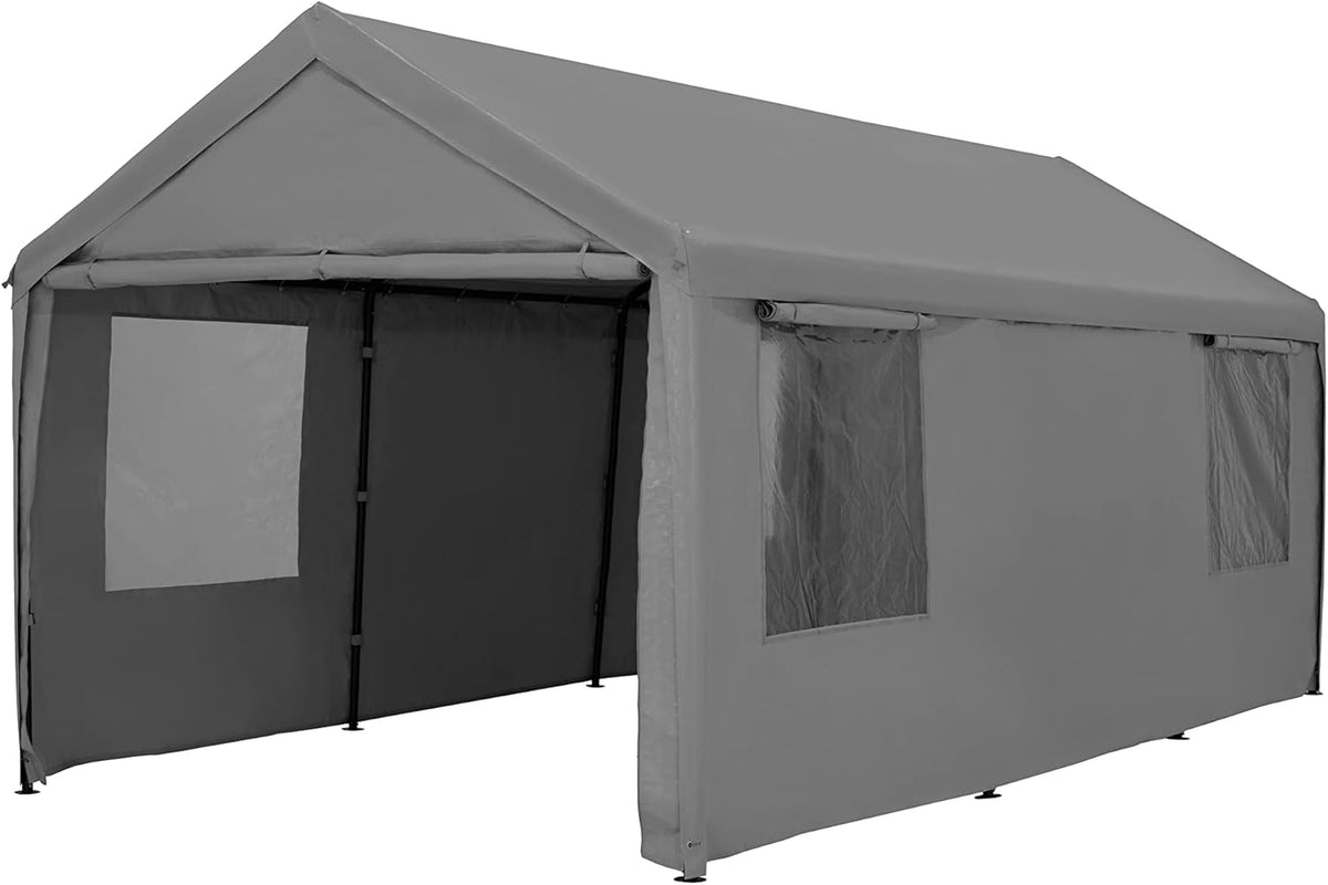 Beige 10x20ft Car Canopy with Transparent Windows Removable Sidewalls & Doors N279