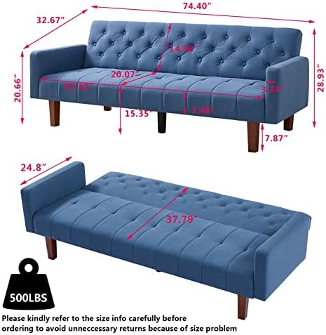 Blue Tufted Linen Convertible Futon Sofa Bed Twin Size with Solid Wood Legs O182290