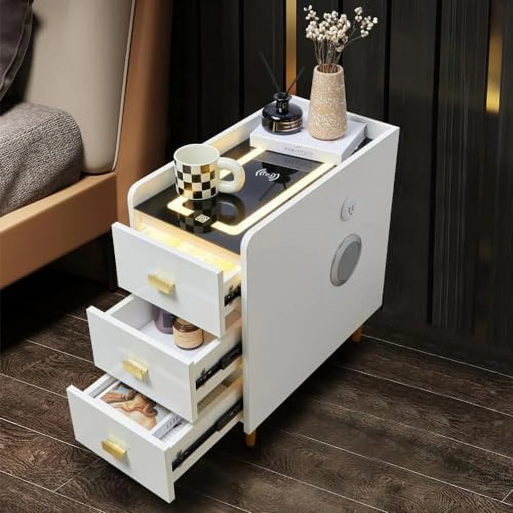 LED Nightstand with Wireless Charging Station White 3 Drawers V46853