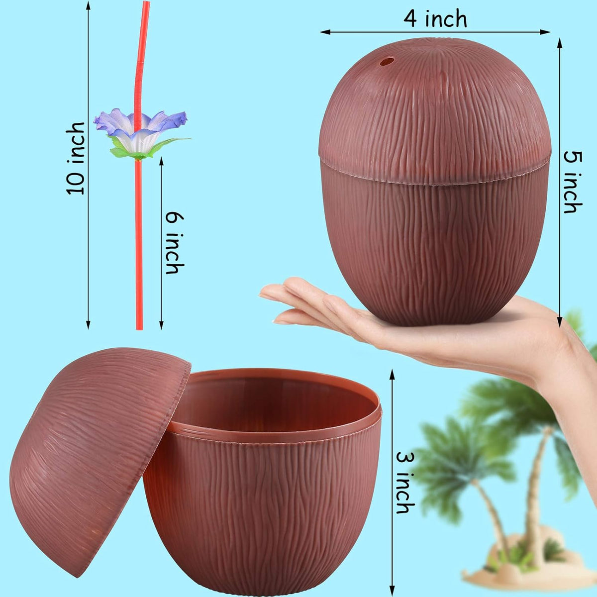 15 Pieces Coconut Cups with 15 Pieces Plastic Colorful Hibiscus Straws H3601