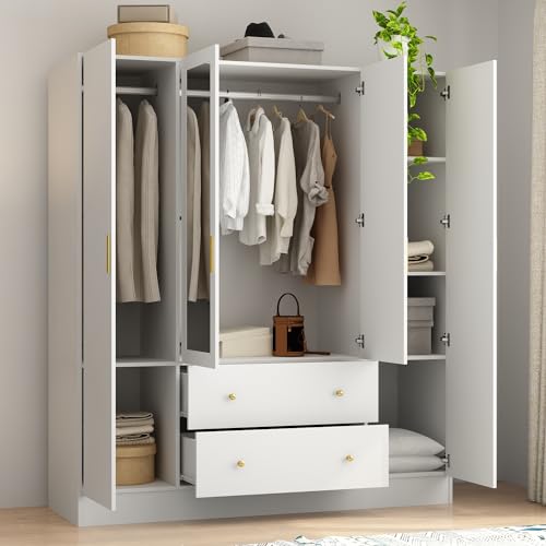 Black Brown 4-Door Armoire with Mirror, 2 Drawers, 2 Hanging Bars & 7 Shelves P12237