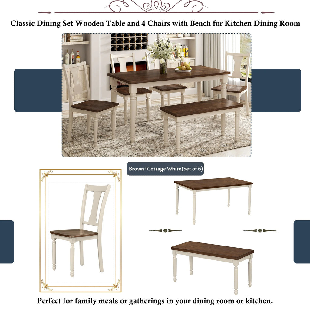 6pc Wooden Dining Set with Table Chairs and Bench T7538
