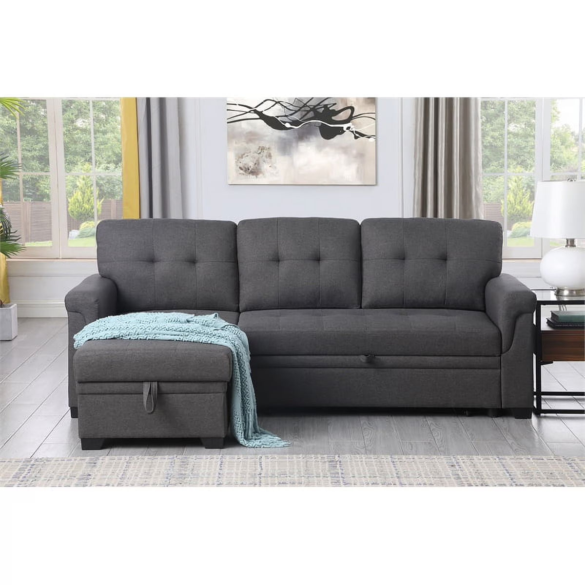 Gray Linen Fabric Reversible Sleeper Sofa with Chaise S249