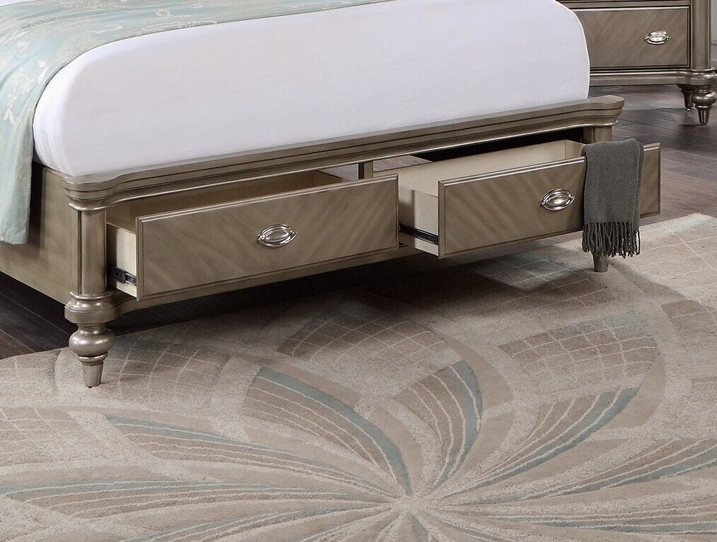 King Size Bed with Storage Drawers Dresser Mirror Nightstands Chest Grey Wooden V8873