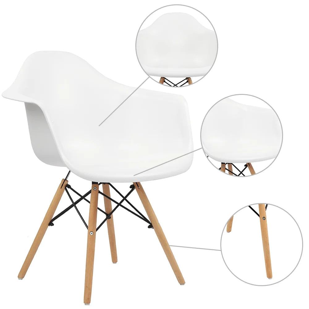 White Plastic Chair with Arms and Wooden Legs, Set of 4 I4032