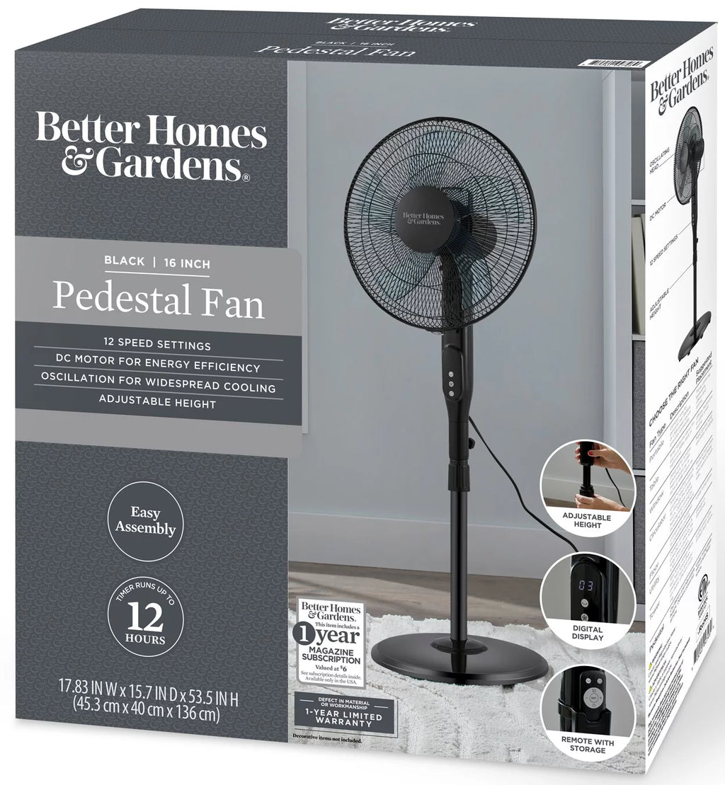 16 Inch 12 Speed Pedestal Fan with Remote Black P13967