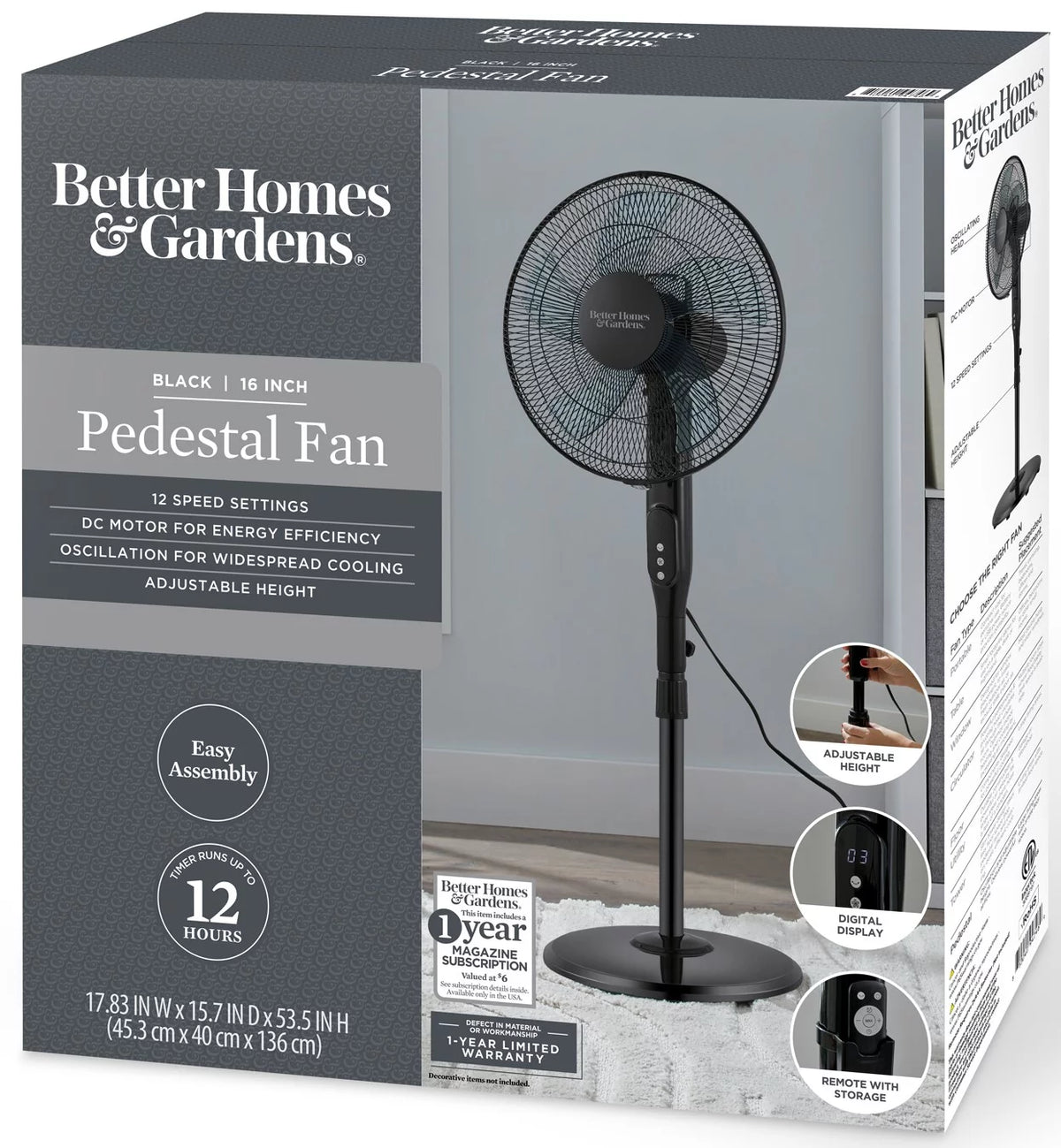 16 Inch 12 Speed Pedestal Fan with Remote Black P13967
