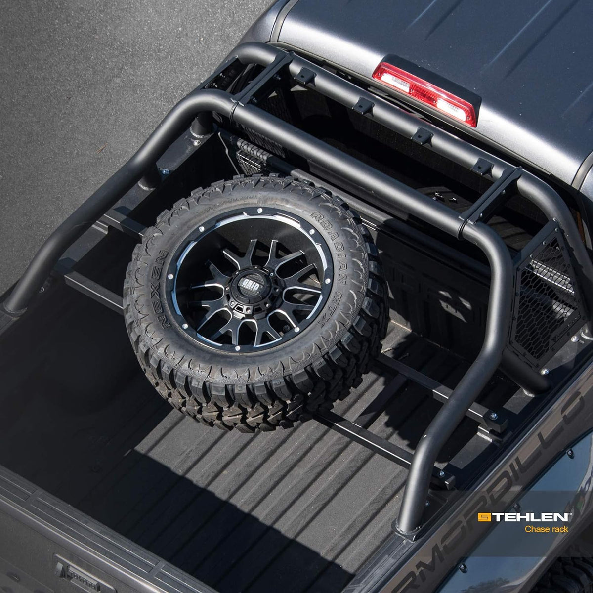 Matte Black Truck Bed Roll Bar with Tire Carrier M1055