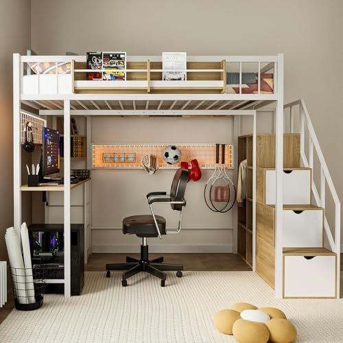 Full Size Metal Loft Bed with Desk and Stairs L1263