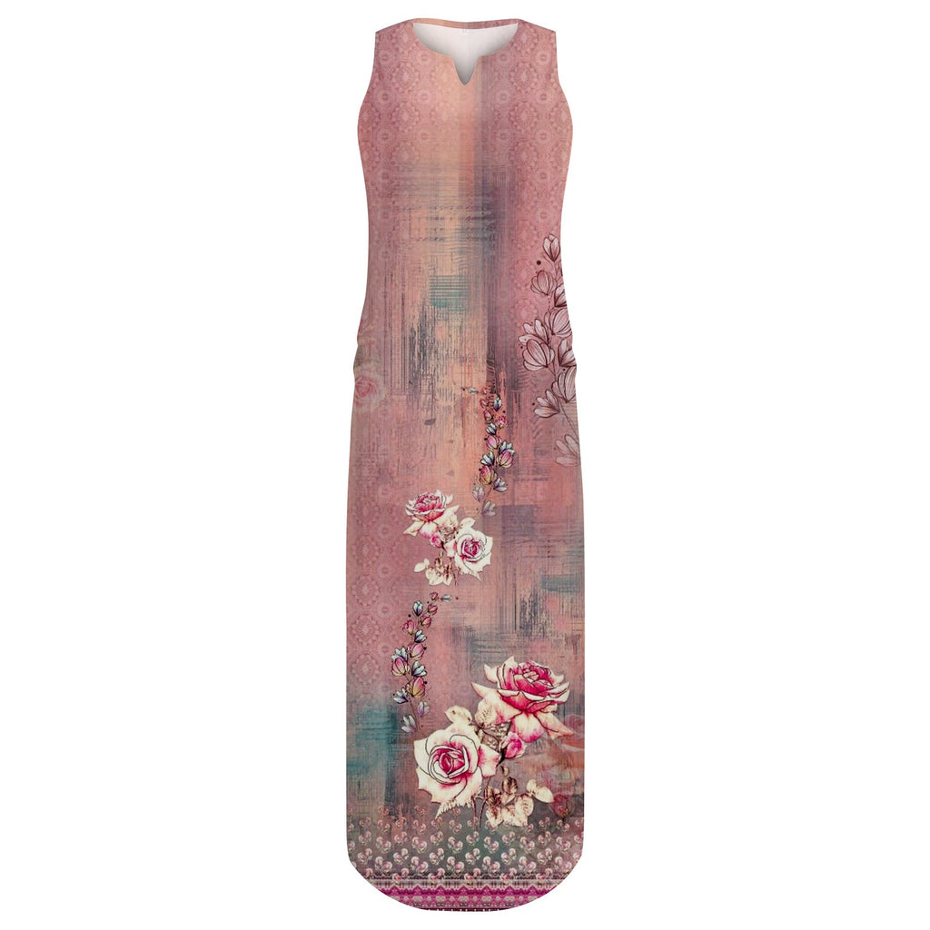 Plus Size Sleeveless Print V Neck Loose Long Sundress with Pockets F207