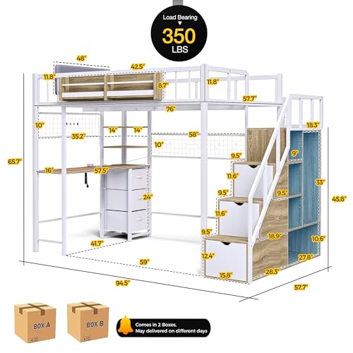Full Size Metal Loft Bed with Desk and Stairs L1263