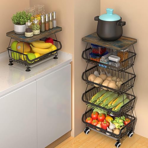 5 Tier Stackable Metal Wire Basket with Wheels Q199