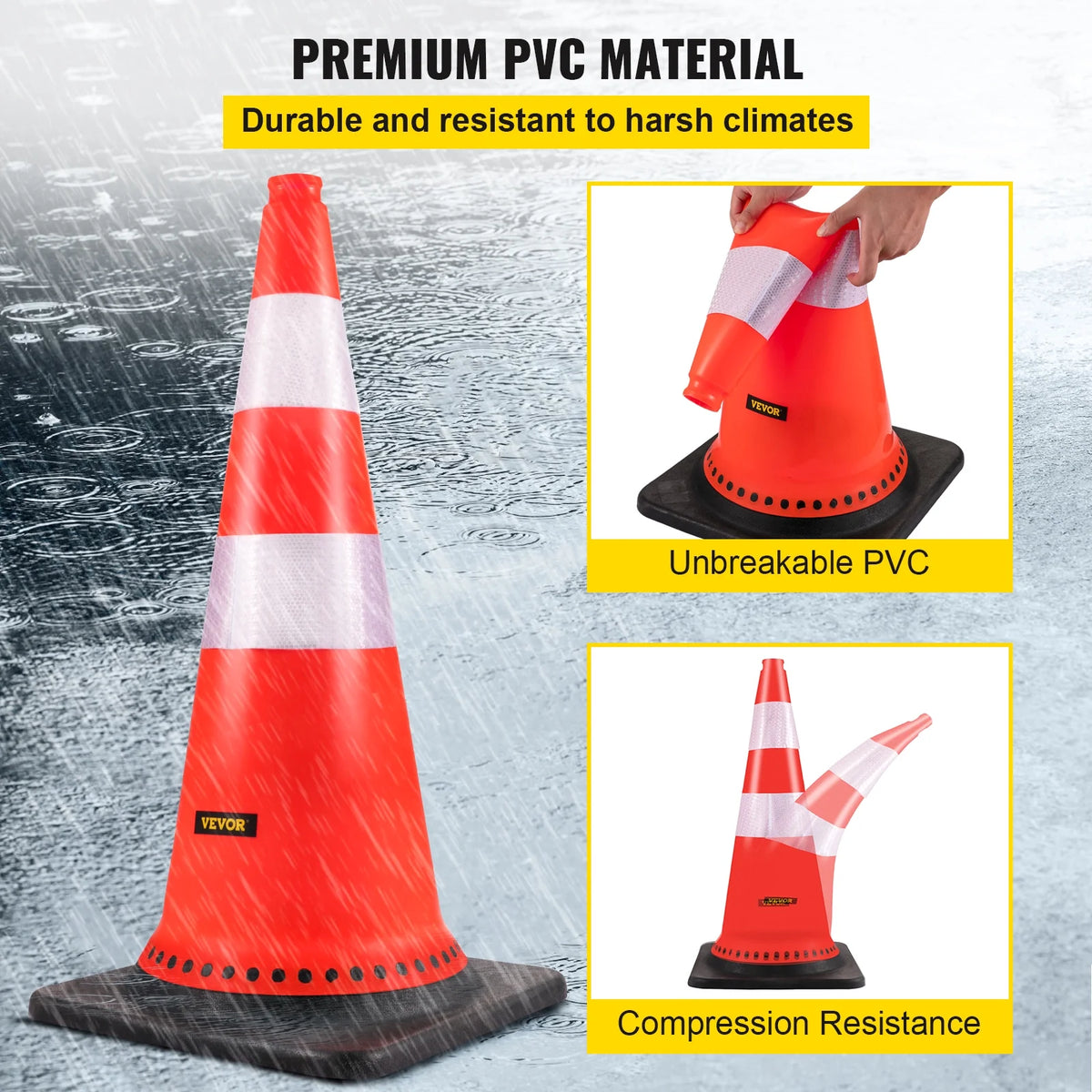 8 x 30" PVC Traffic Cones with Reflective Collars and Black Weighted Base D581742