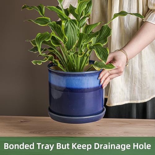 8 Inch Ceramic Planter Pot with Drainage Hole & Saucer Blue Reactive Glaze X933640