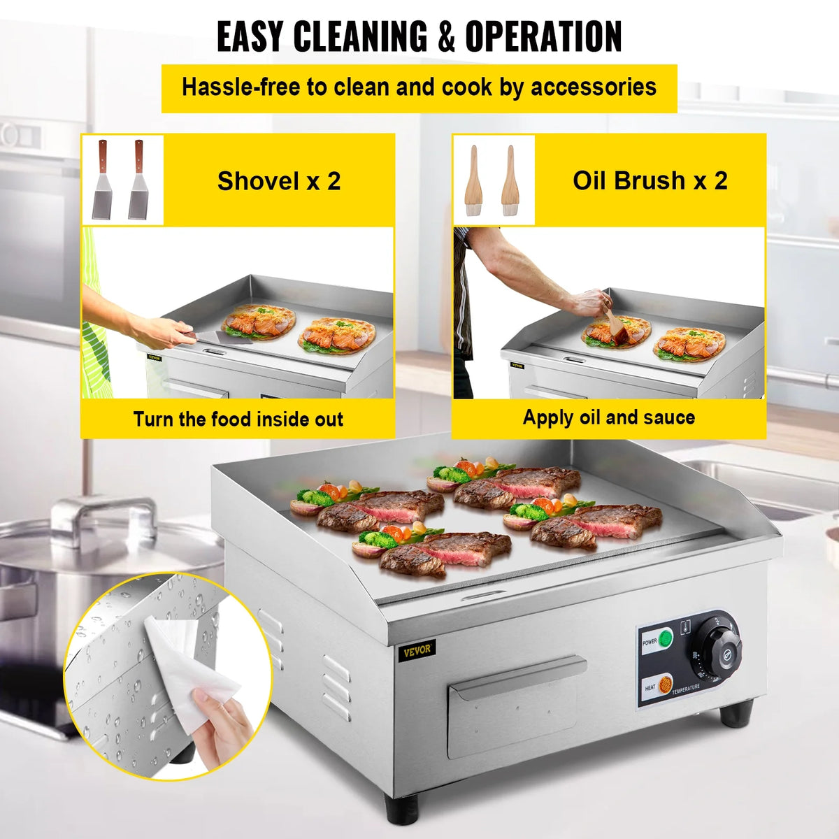 14" Electric Countertop Flat Top Griddle 1500W Non-Stick Stainless Steel S6387