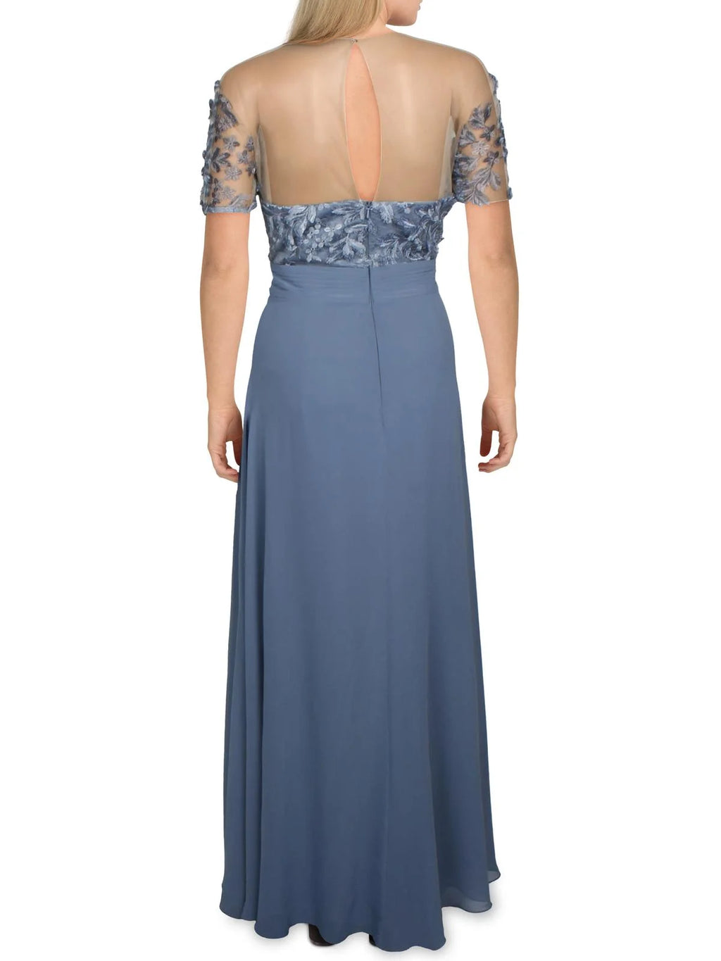 Blue Embroidered Zippered Lace Lined Pleated Floral Short Sleeve Maxi Dress A67717