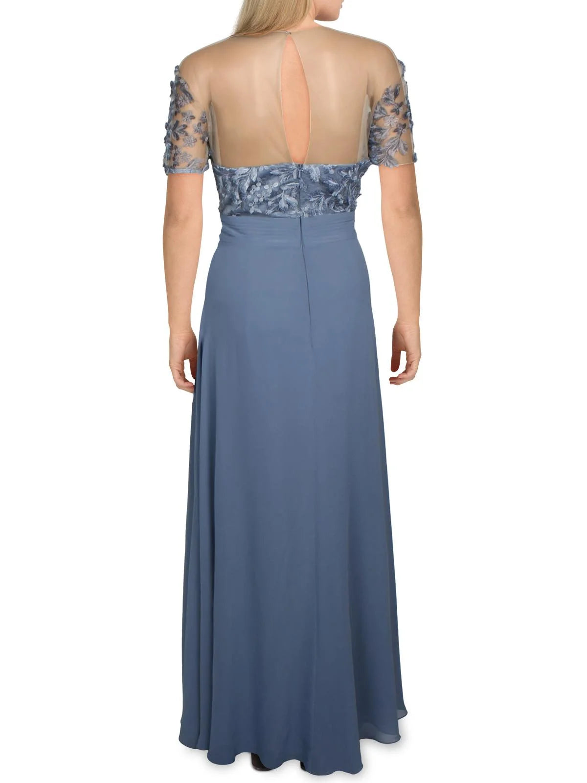 Blue Embroidered Zippered Lace Lined Pleated Floral Short Sleeve Maxi Dress A67717