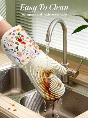 Long Silicone Oven Mitts 2 Pcs Cotton Oven Gloves Q37019
