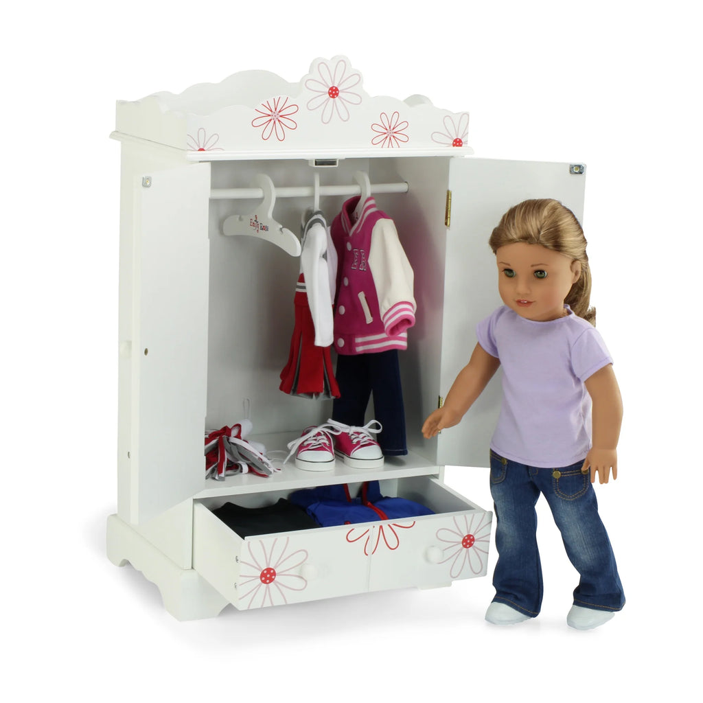18 Inch Doll Clothes Storage Closet Armoire with 3 Notched Doll Clothes Hangers B4247