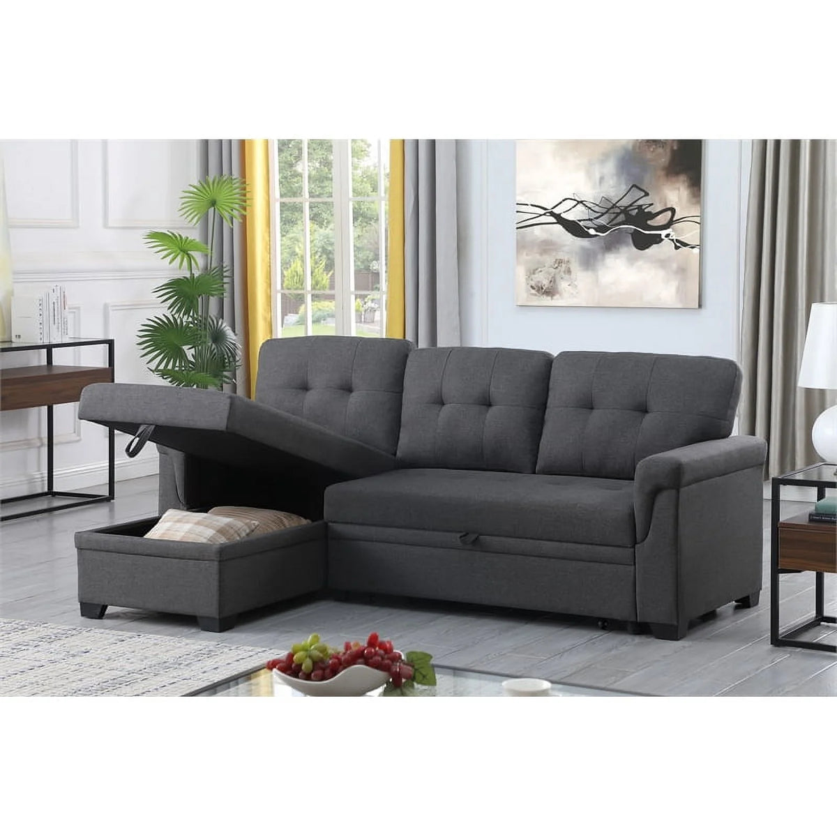 Gray Linen Fabric Reversible Sleeper Sofa with Chaise S249