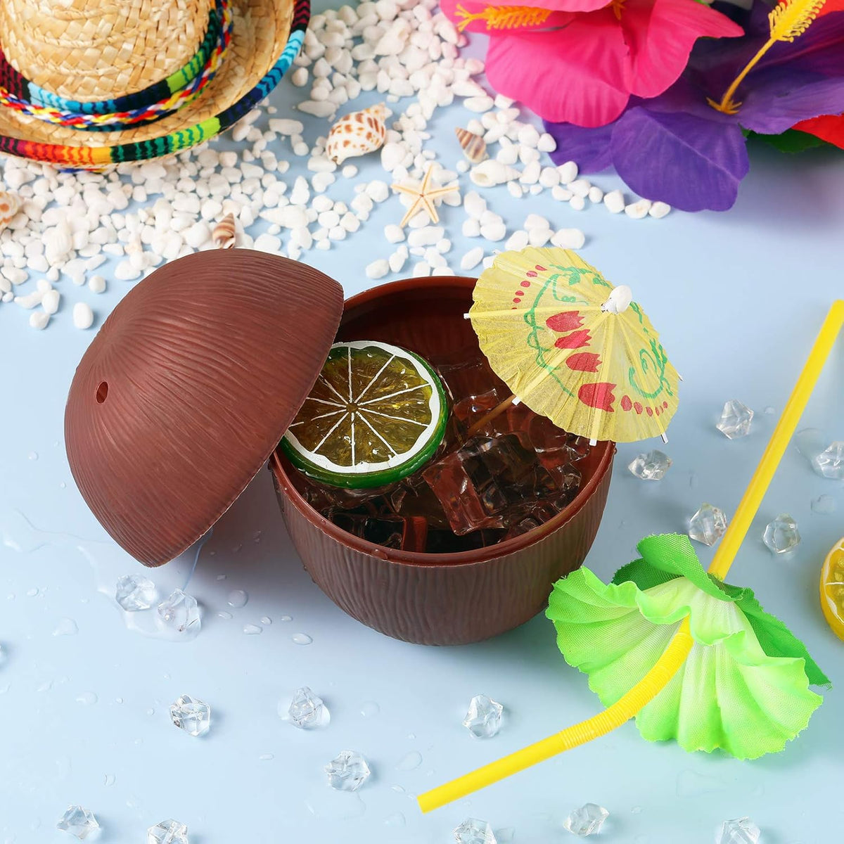 15 Pieces Coconut Cups with 15 Pieces Plastic Colorful Hibiscus Straws H3601