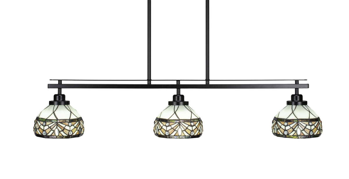 3 Island Light in Matte Black Finish with 7 Art Glass J58790