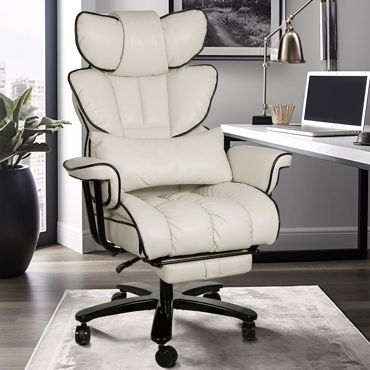 Big and Tall Ergonomic PU Leather Reclining Office Chair with Footrest G68429