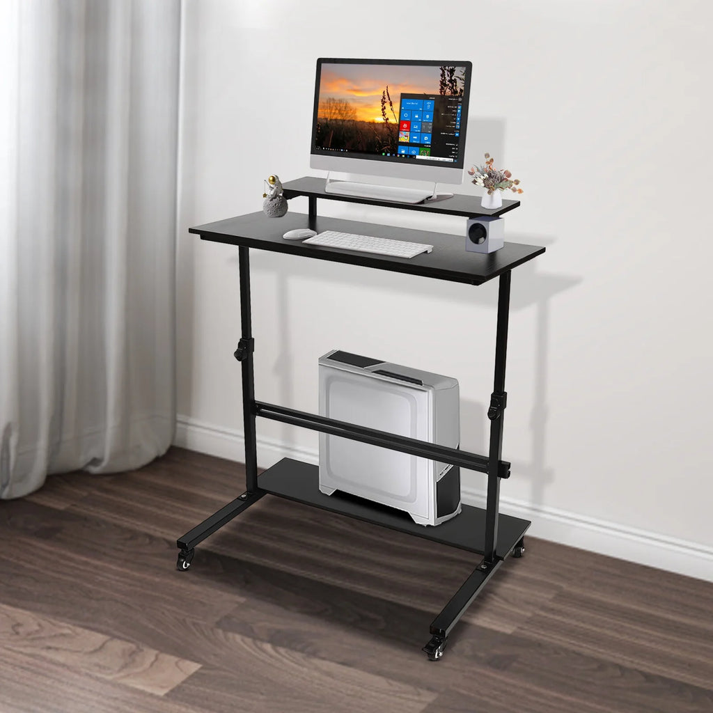 Rolling Laptop Desk Stand Up Workstation with 2 Shelves Adjustable Height S2205