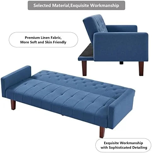 Blue Tufted Linen Convertible Futon Sofa Bed Twin Size with Solid Wood Legs O182290