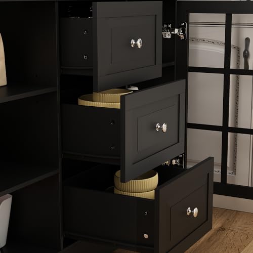 White Freestanding Wood Kitchen Pantry with Glass Doors, Drawers and Adjustable Shelves M769236