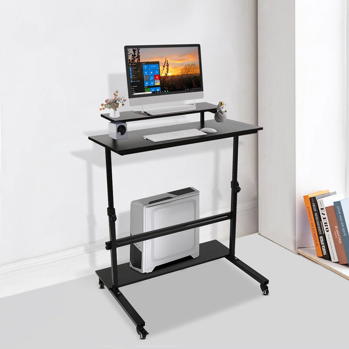 Rolling Laptop Desk Stand Up Workstation with 2 Shelves Adjustable Height S2205