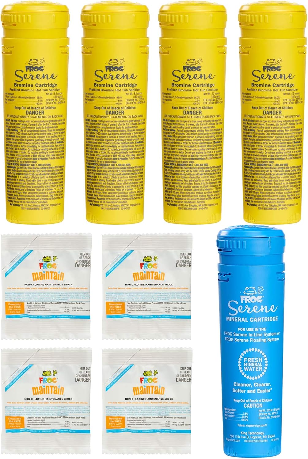 5 Pack Spa Frog Serene Replacement Cartridges with 4 Maintain Non-Chlorinated Shock Packets C34930