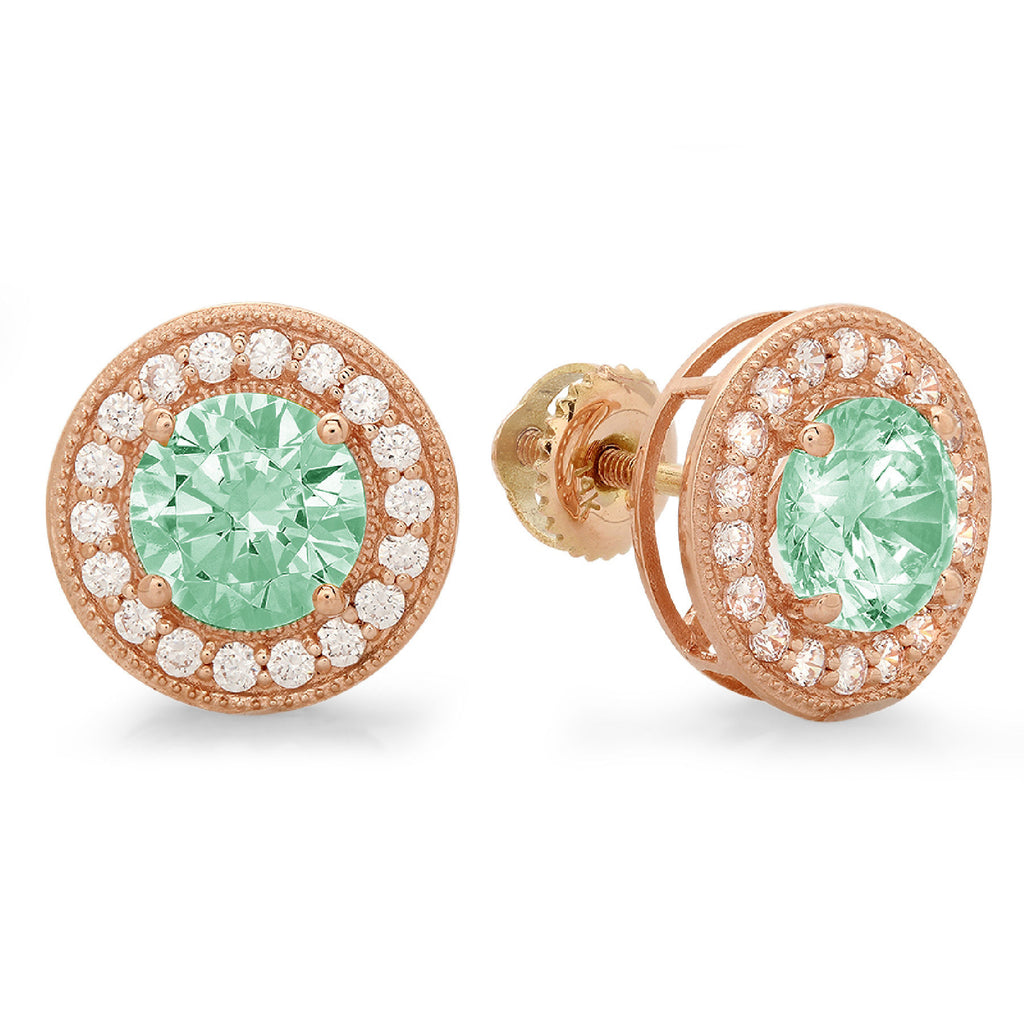 Green Simulated Diamond Halo Stud Earrings 18K Rose Gold Screw Back H3145