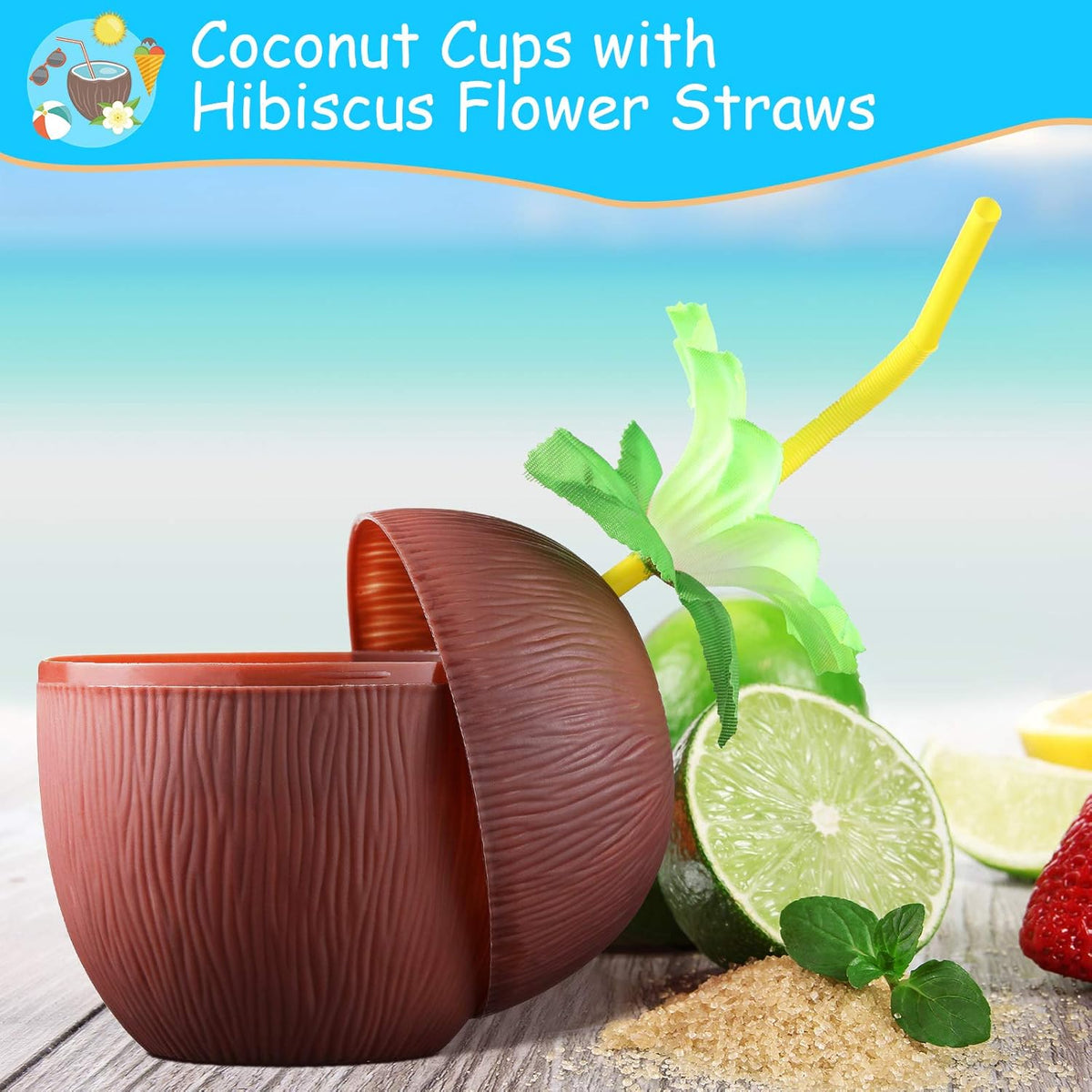 15 Pieces Coconut Cups with 15 Pieces Plastic Colorful Hibiscus Straws H3601