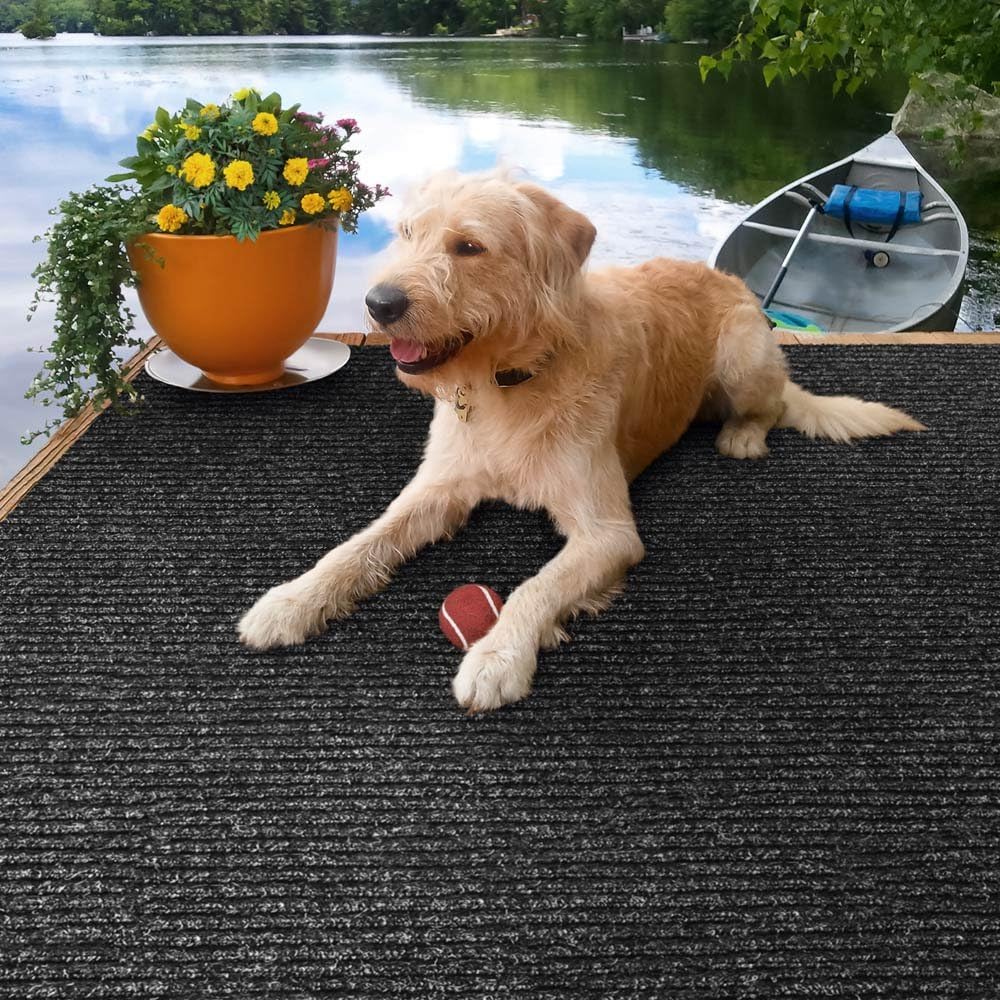 Heavy-Duty Ribbed Indoor Outdoor Carpet with Rubber Marine Backing Charcoal Black 6 Feet X 15 Feet J4242