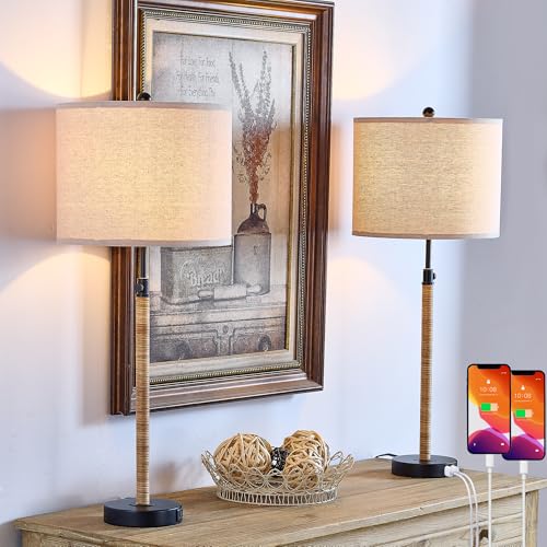 Rattan Buffet Table Lamp Set of 2 Adjustable with USB Ports R535749