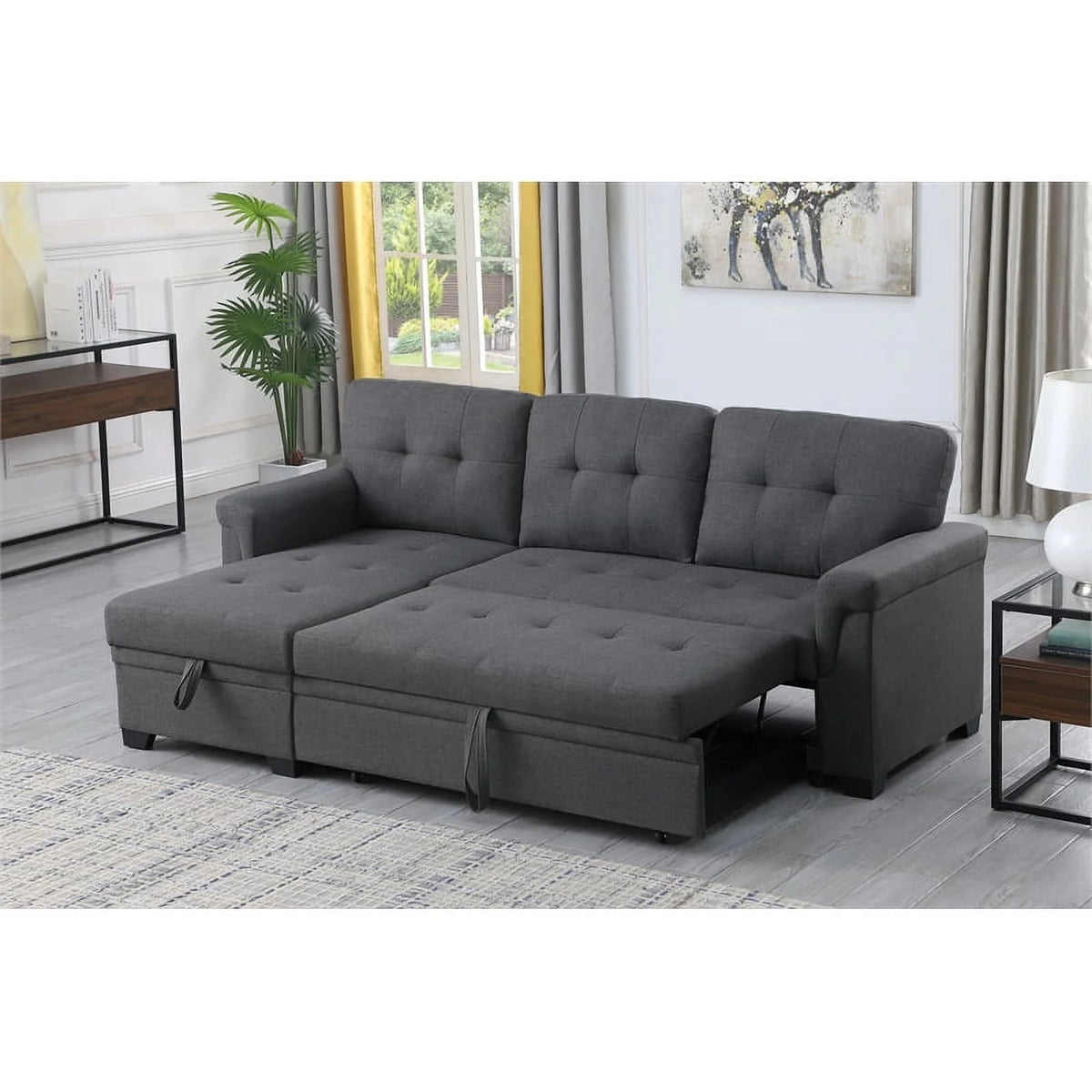Gray Linen Fabric Reversible Sleeper Sofa with Chaise S249
