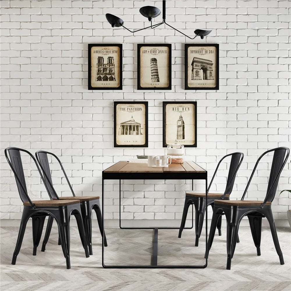 Black Metal Dining Chair with Wood Seat, Set of 4 Y7743