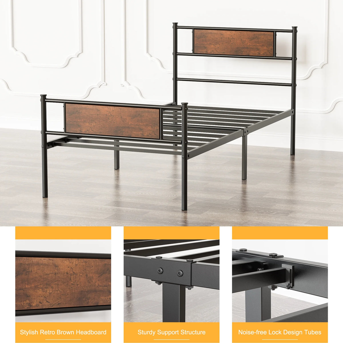 Metal Twin Bed Frame with Wood Headboard E303