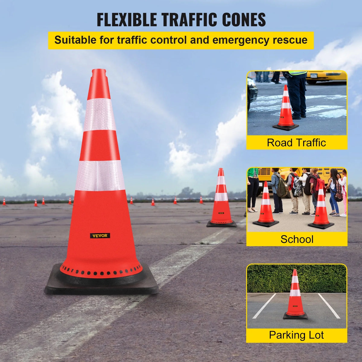 8 x 30" PVC Traffic Cones with Reflective Collars and Black Weighted Base D581742