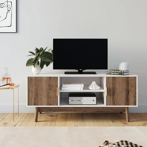 Media Console Cabinet or TV Stand with Doors in Natural Reclaimed Herringbone Wood Pattern and Metal M486081