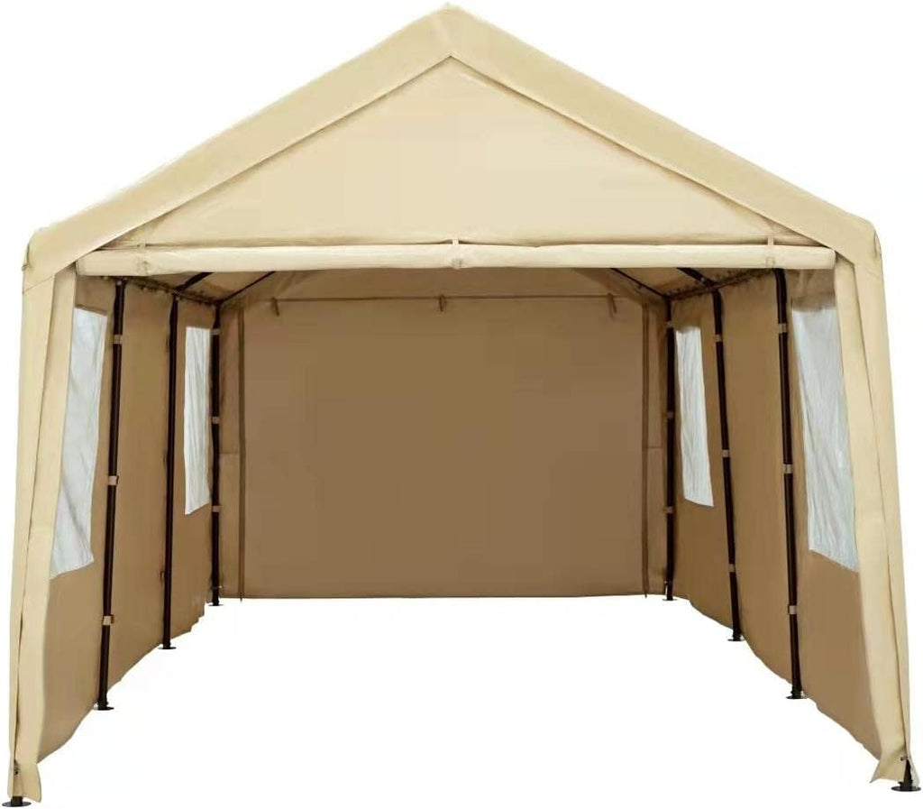 Beige 10x20ft Car Canopy with Transparent Windows Removable Sidewalls & Doors N279