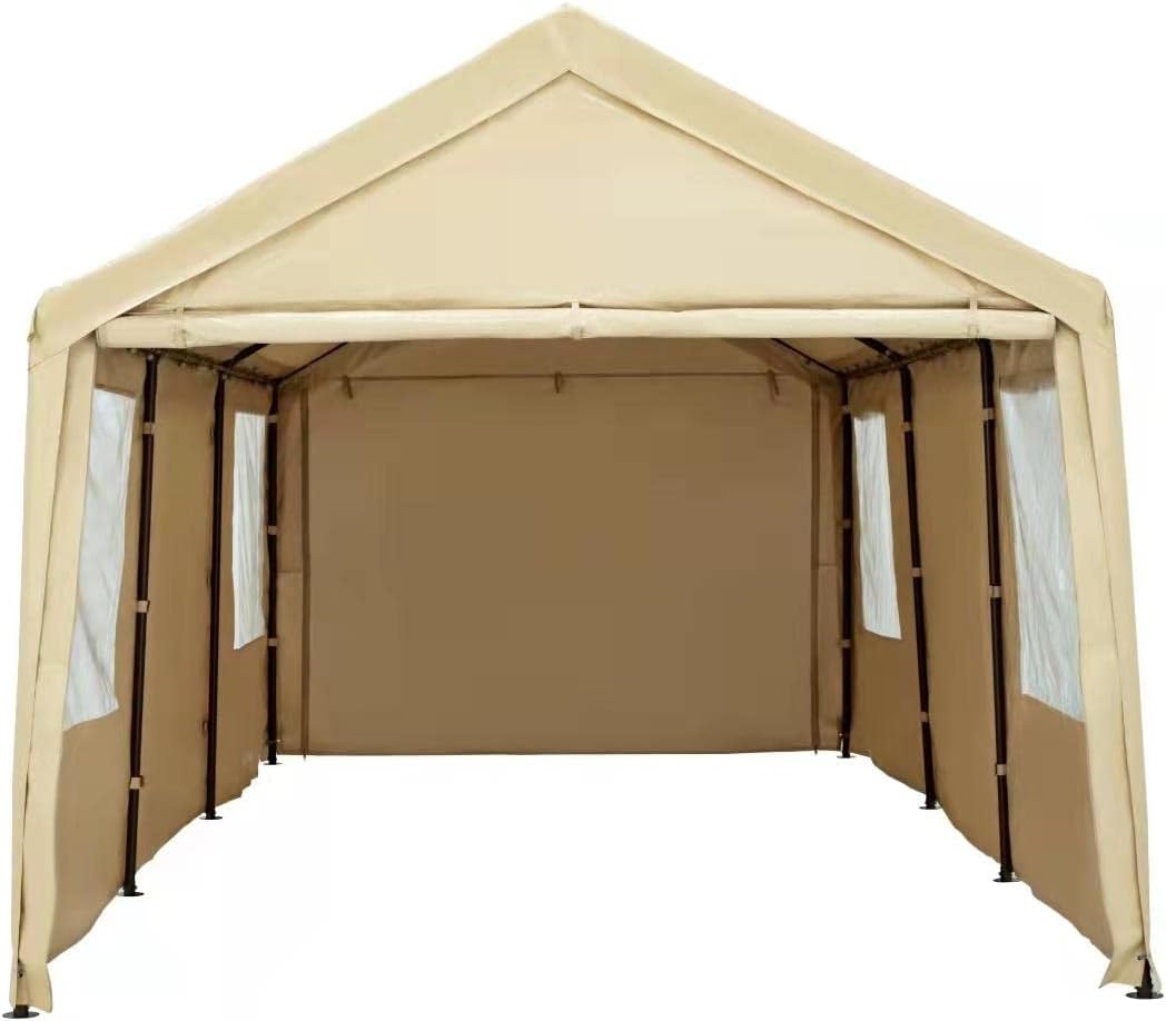 Beige 10x20ft Car Canopy with Transparent Windows Removable Sidewalls & Doors N279