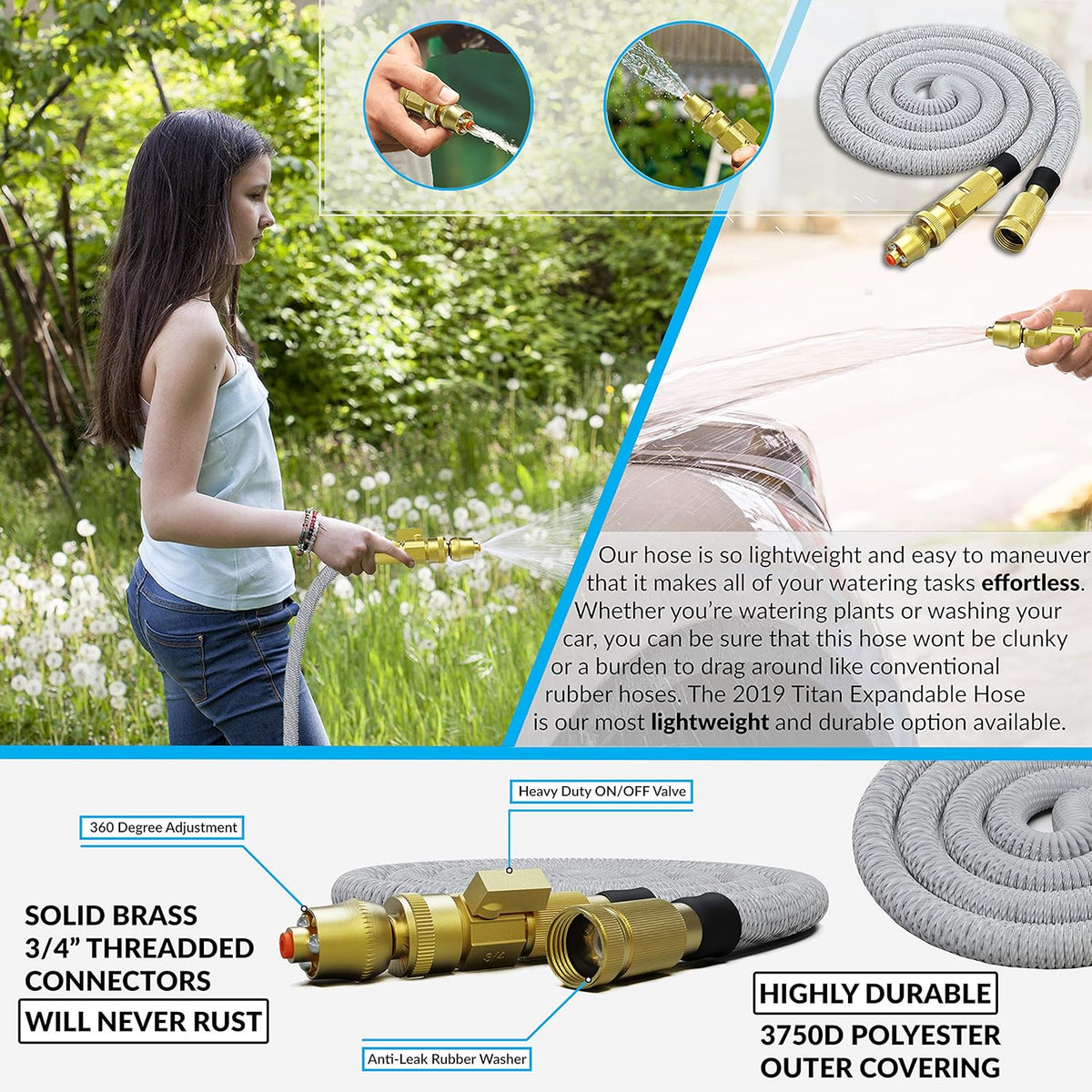 75FT Expandable Garden Hose with Brass Fittings and Jet Nozzle T302916