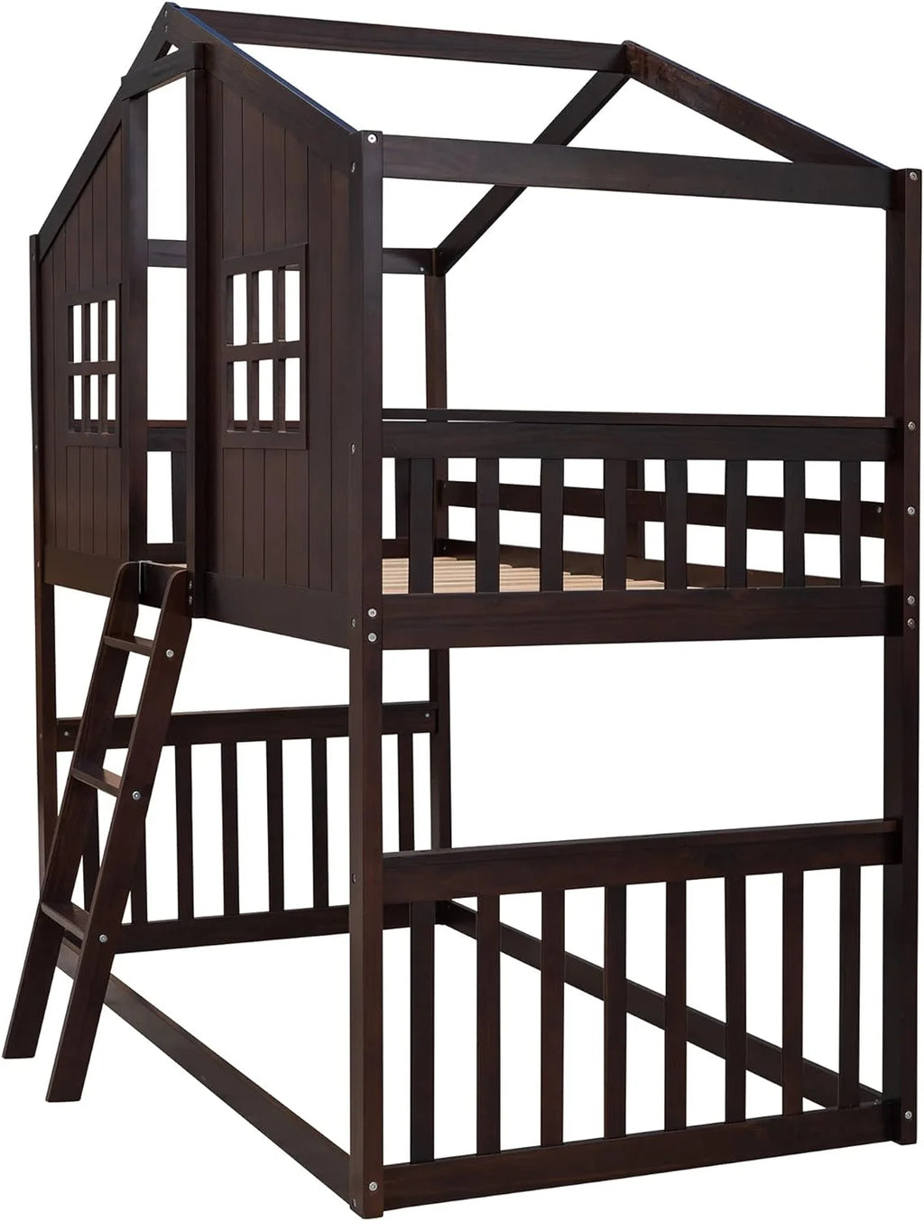 Espresso Wood House Bed with Ladder and Guard Rail D6880