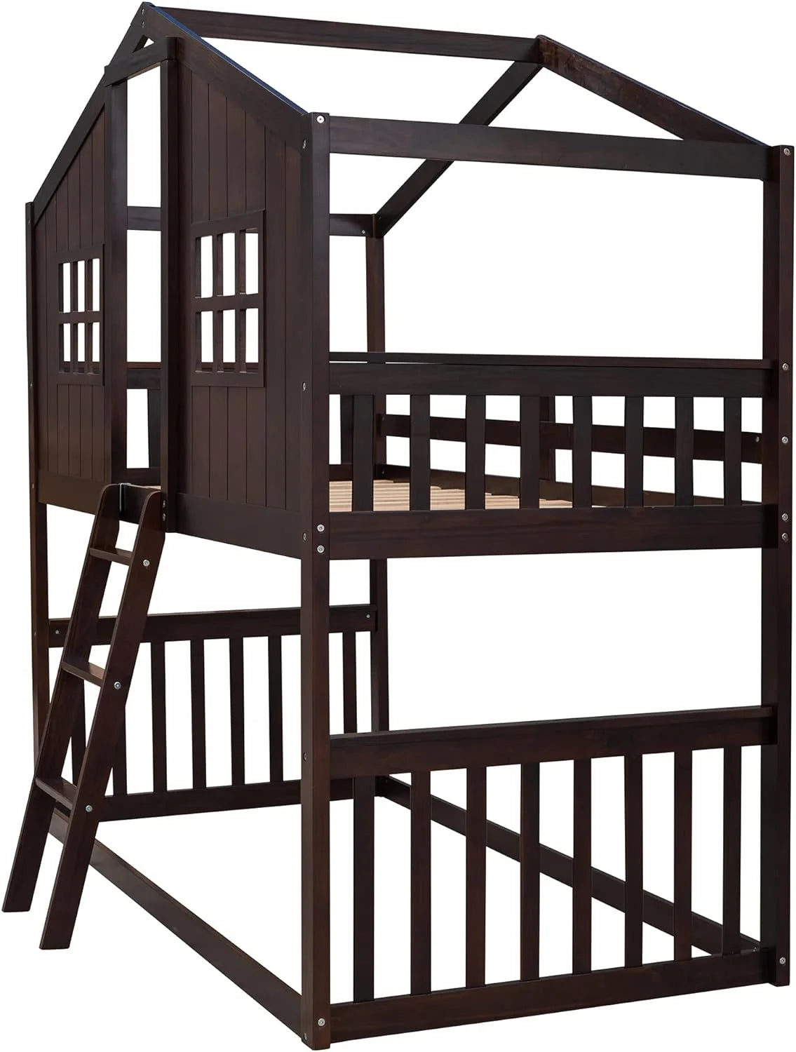 Espresso Wood House Bed with Ladder and Guard Rail D6880