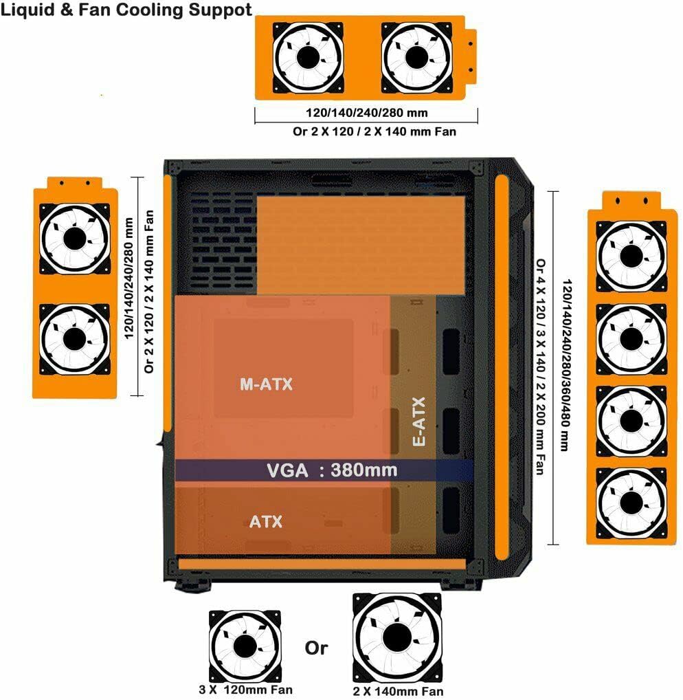 Full-Tower E-ATX Computer Gaming Case with 3-Sided Reinforced Glass, USB 3.0, 6 12cm Fans Q74954