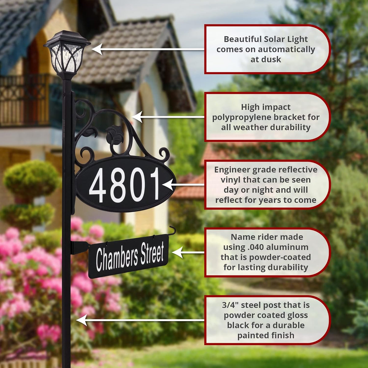 Handcrafted Oval Reflective Home Address Sign with Name Rider and Solar Light B487