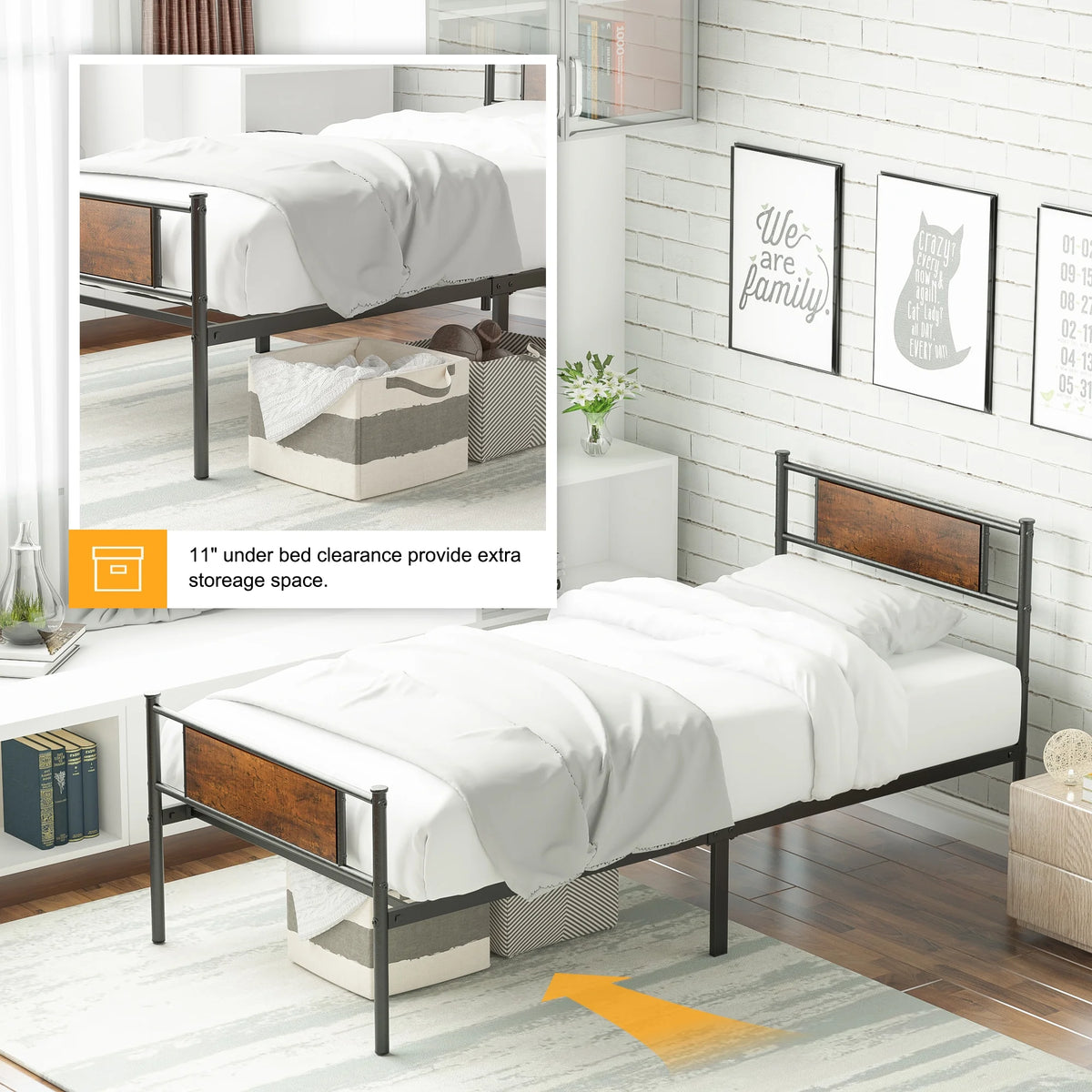 Metal Twin Bed Frame with Wood Headboard E303