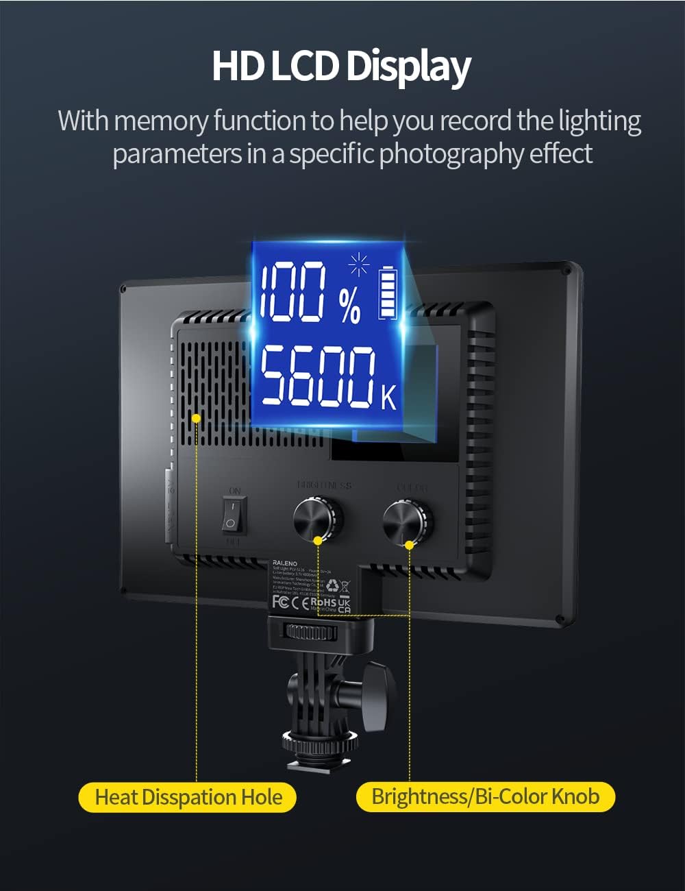 LED Video Light 3200K-5600K Bi-Color CRI95+ LCD Display USB Camera Light S86534